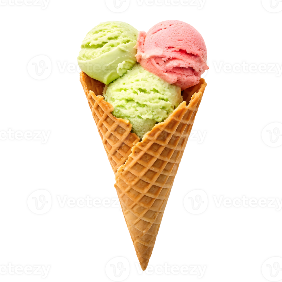 Three colorful scoops of ice cream in a waffle cone ready to enjoy png
