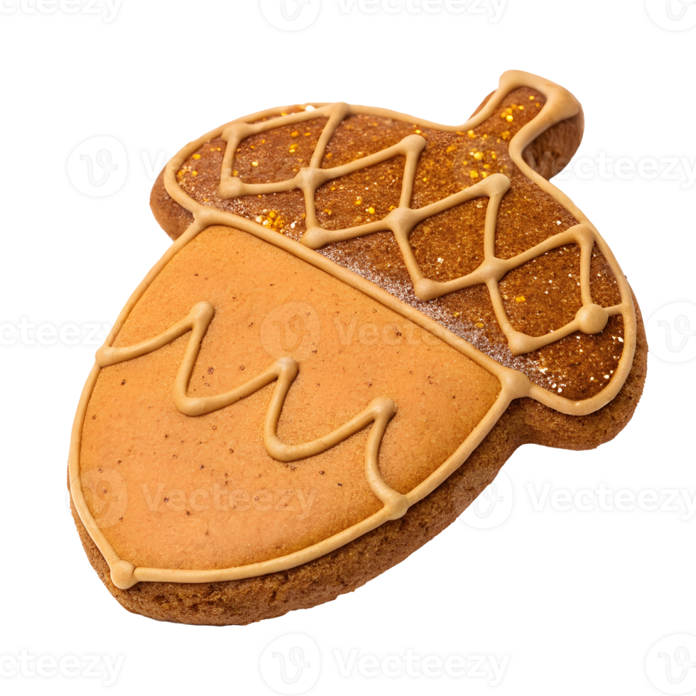 Decorative acorn-shaped cookie with icing and glitter for autumn celebrations png