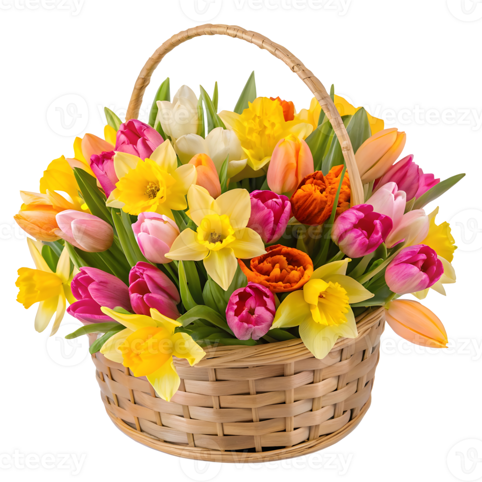 Colorful spring bouquet in woven basket filled with blooming flowers png