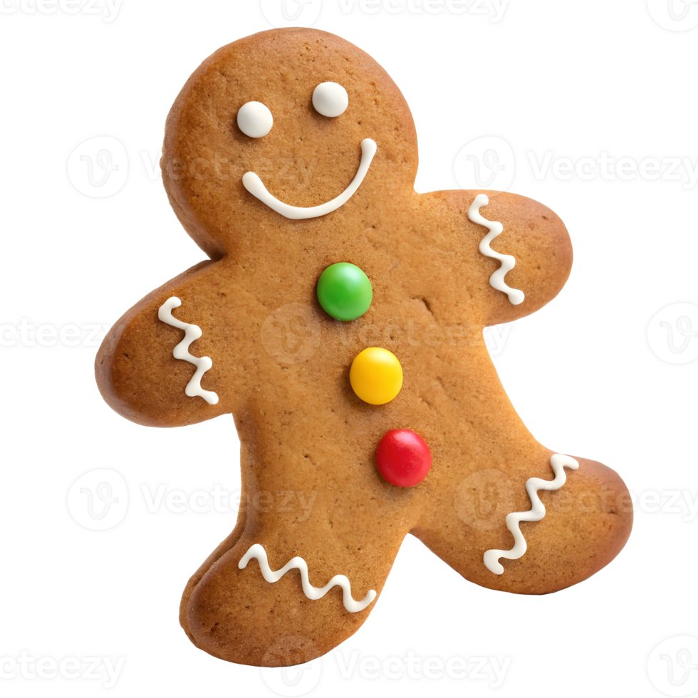 Gingerbread cookie shaped like a man with colorful decorations on it png