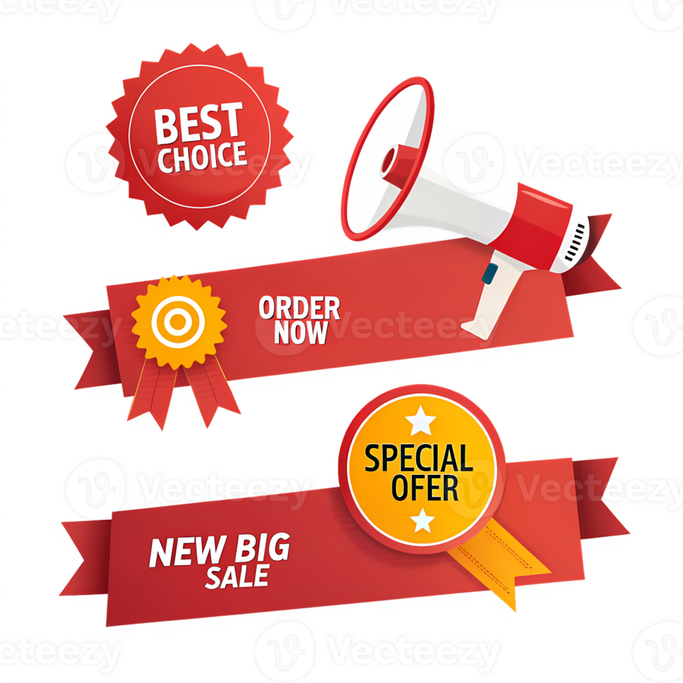 A banner with a megaphone and a banner with the words best choice, order now, png