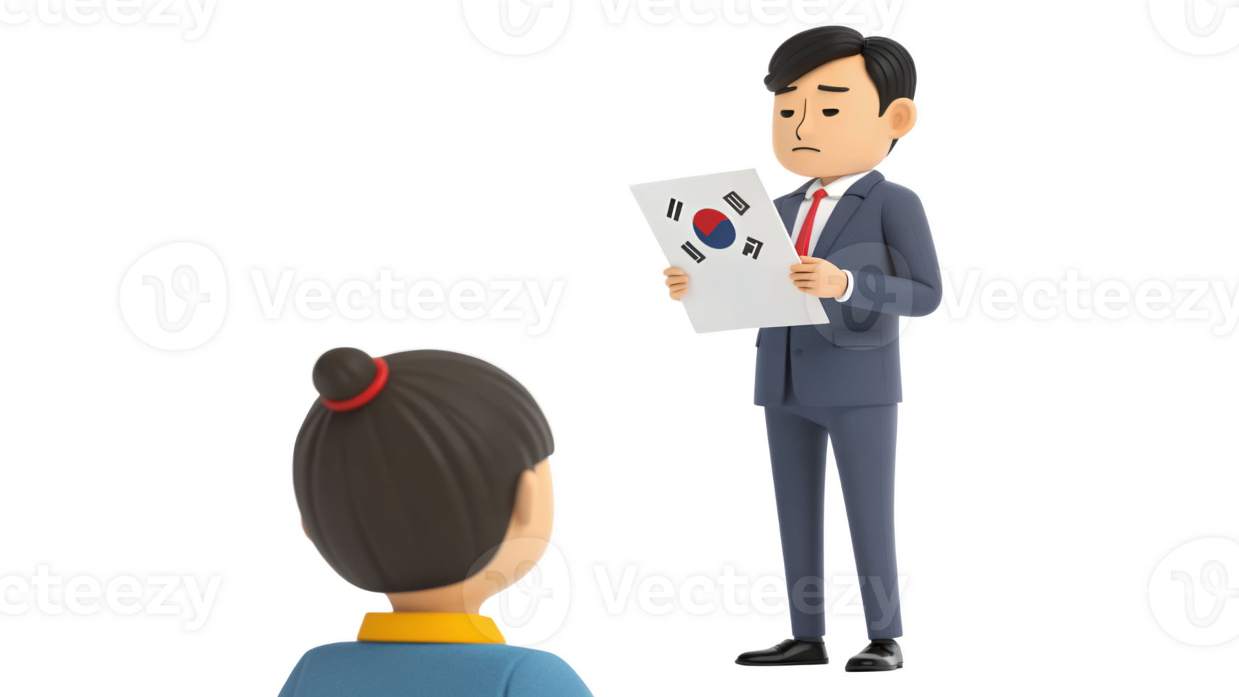 A man in a suit is holding a piece of paper with a korean flag on it png