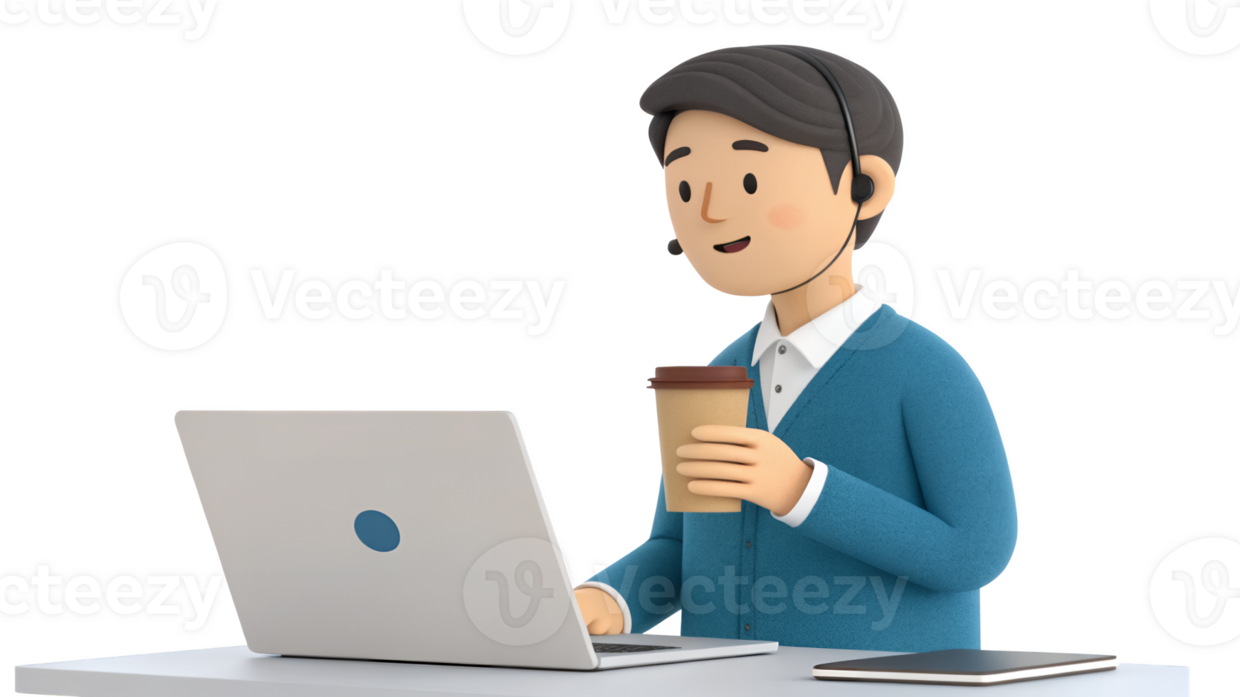 3d man with laptop and coffee png