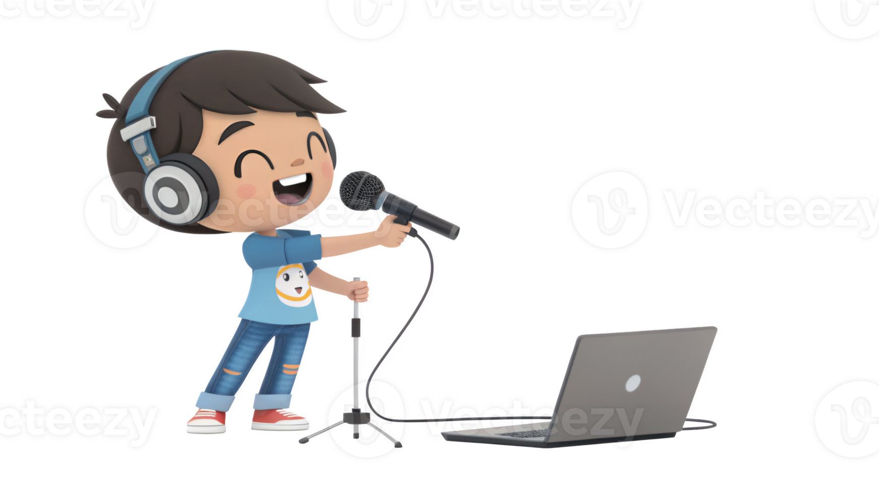 A cartoon boy singing into a microphone and holding a laptop png