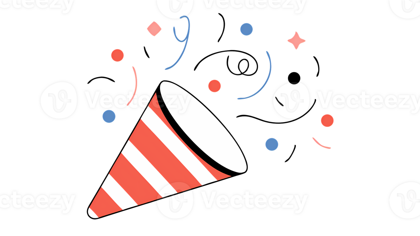 A red and white striped party hat with confetti png