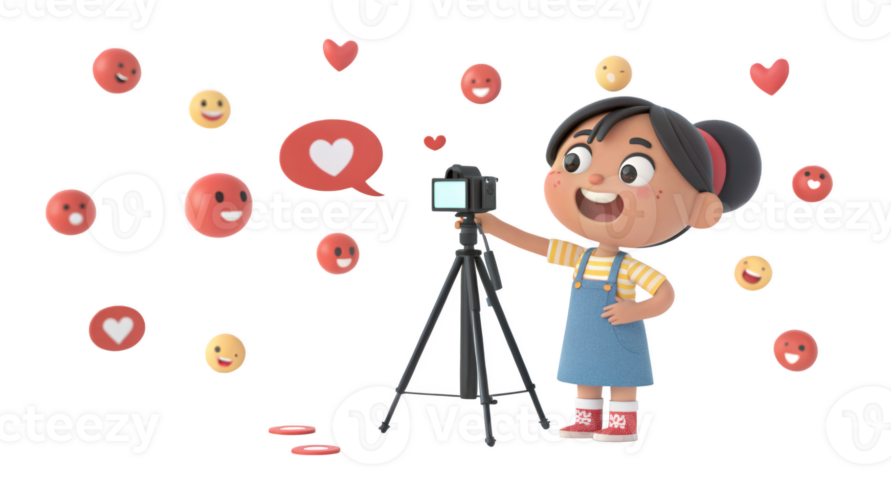 A girl taking a photo with a camera and hearts around her png