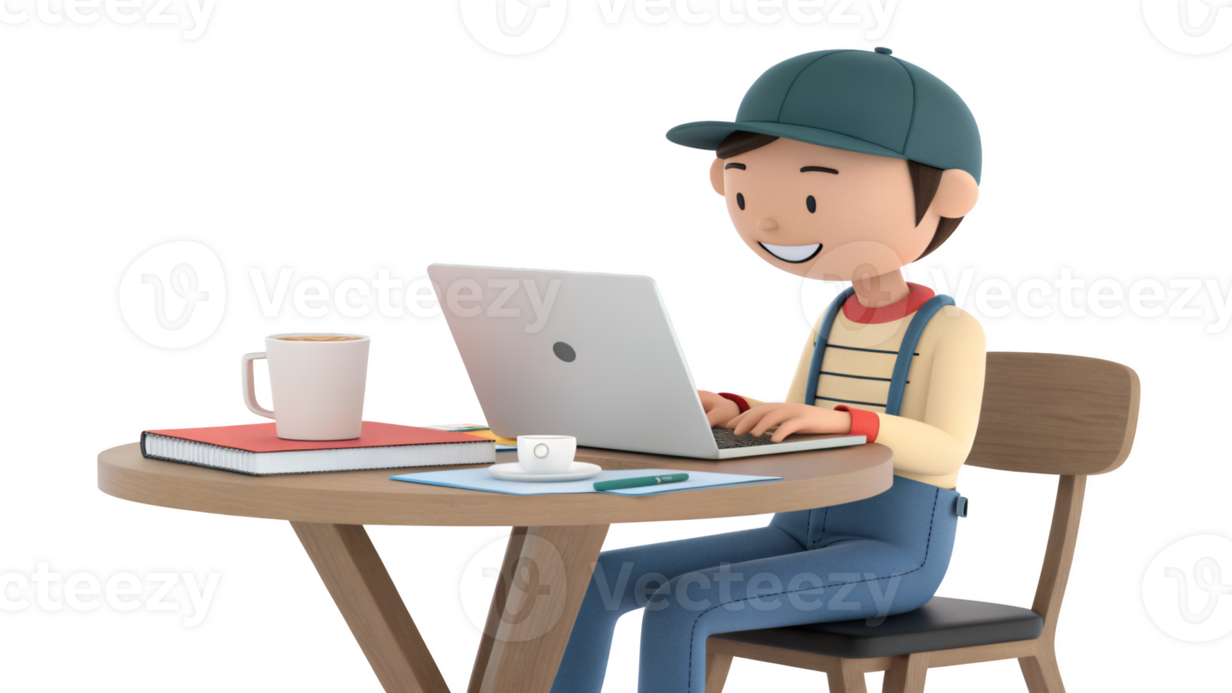 A cartoon man sitting at a table with a laptop png