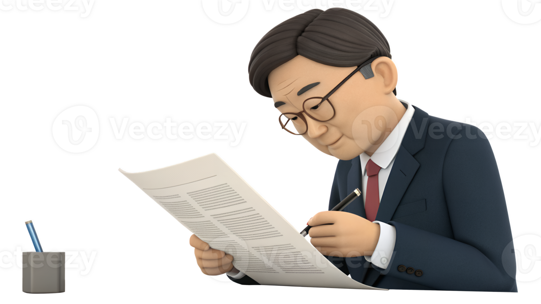 A cartoon man in a suit and tie is reading a document png