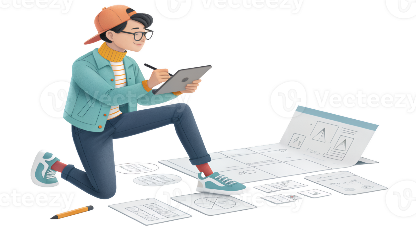 A man sitting on the floor with a tablet and paper png