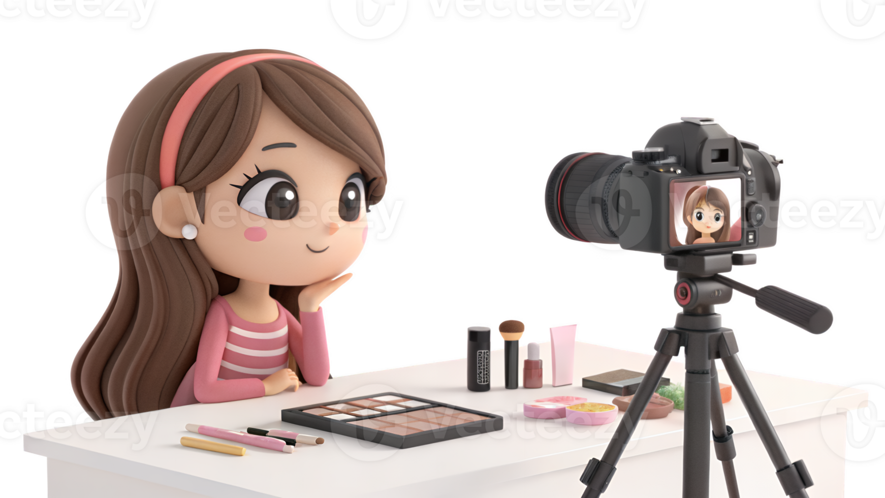 A girl is sitting at a desk with a camera and makeup png