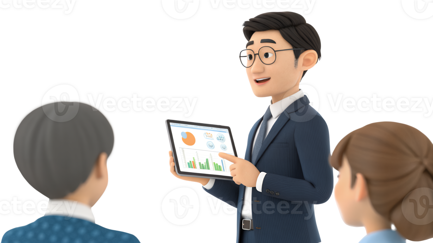 A man in a suit and tie is holding a tablet computer png
