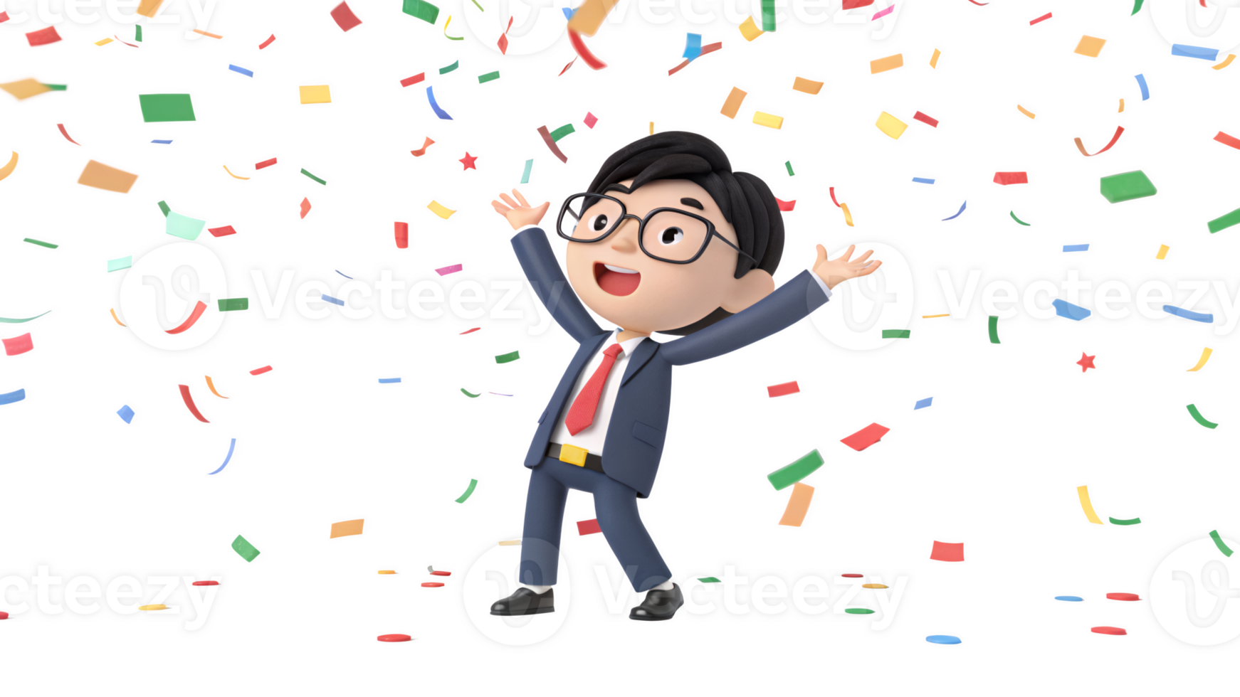 A cartoon man in a suit and tie is celebrating with confetti png