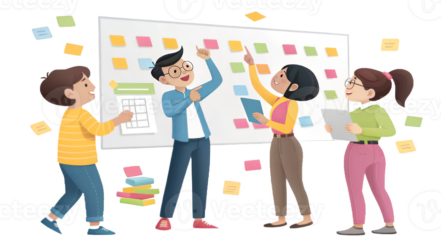 A group of people standing around a white board with sticky notes png