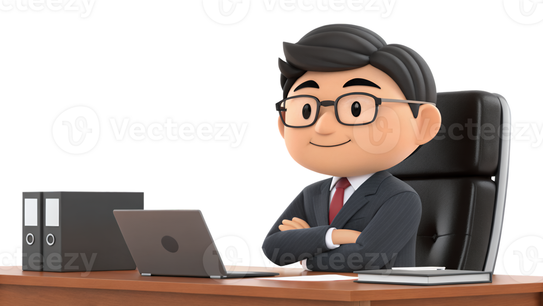 3d cartoon man in suit sitting at desk with laptop png