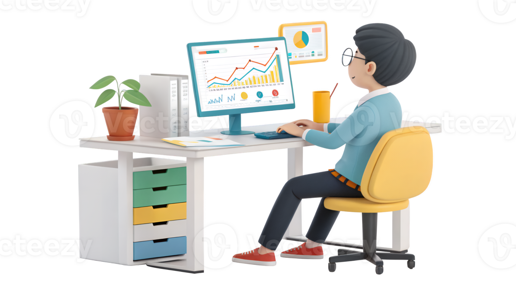 A man sitting at a desk with a computer and a plant png