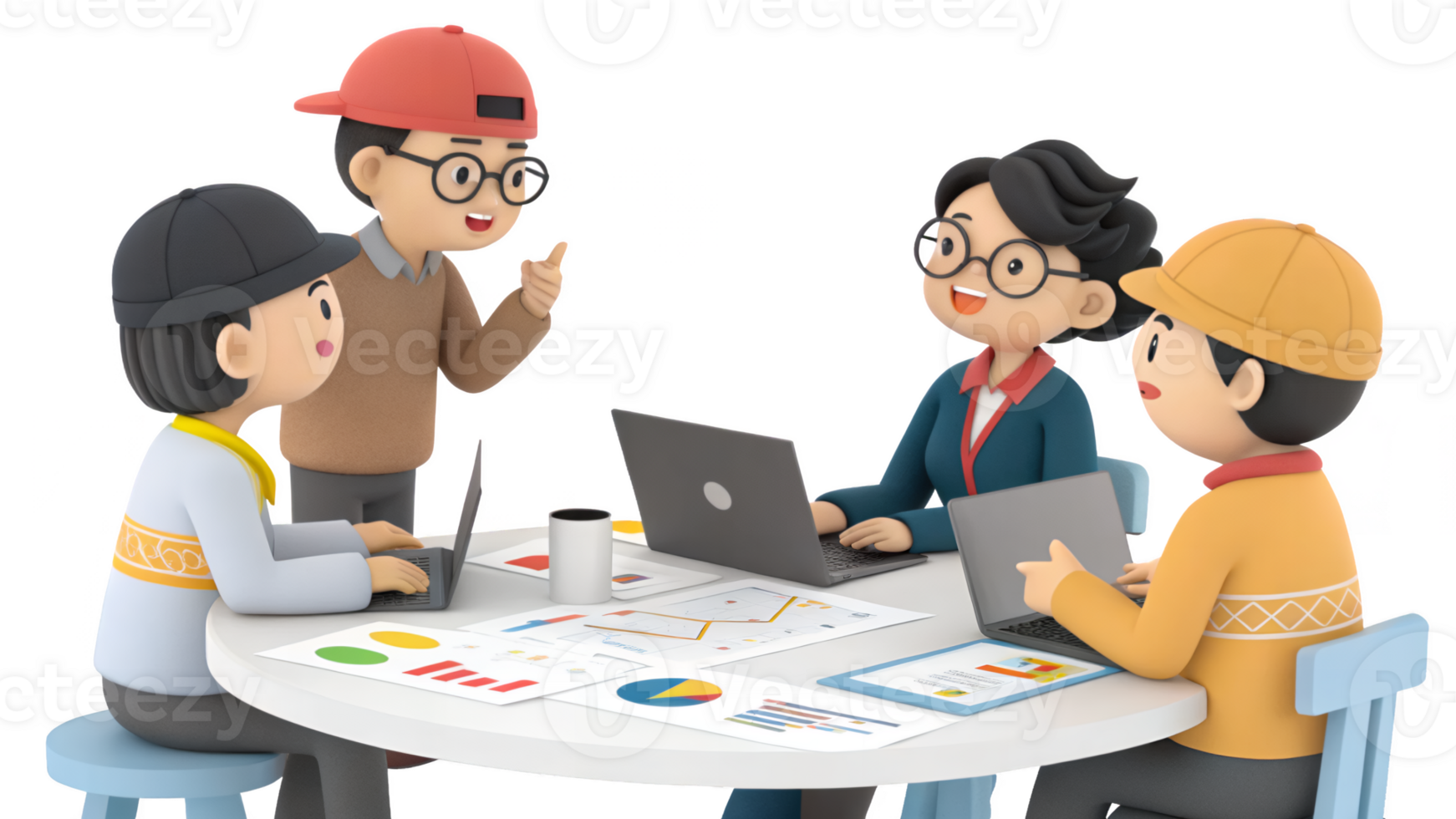 Three people sitting around a table with laptops png
