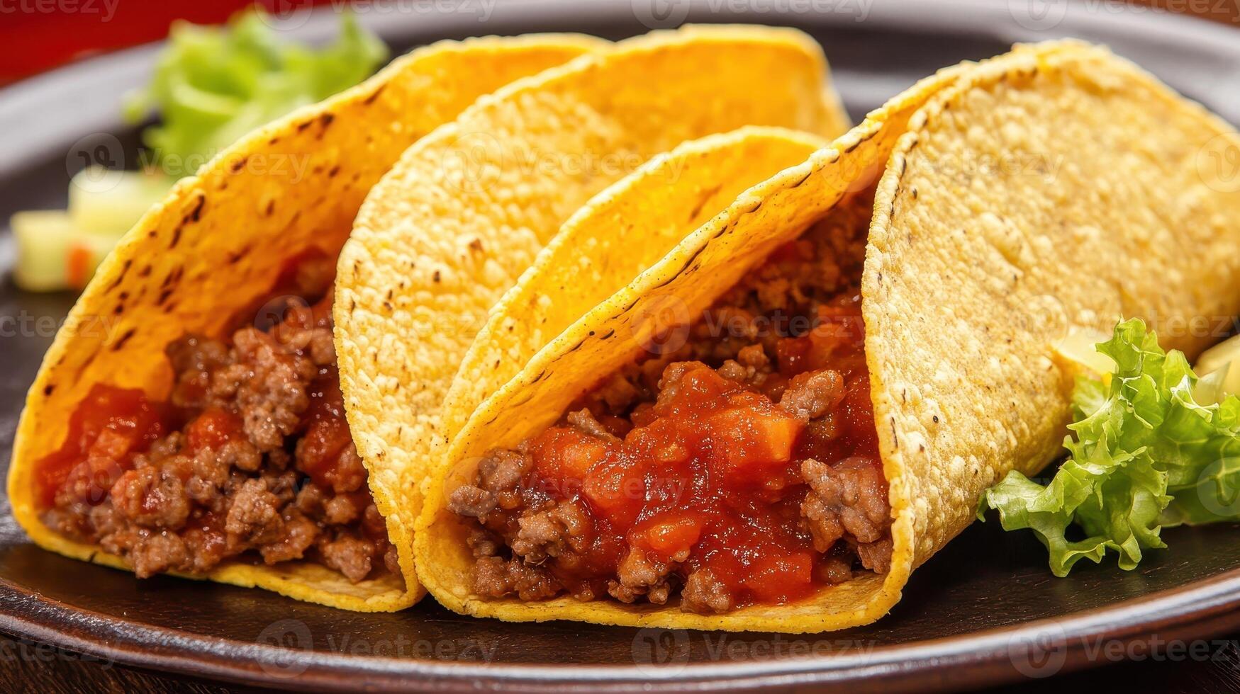 Tempting Trio Delicious Tacos with Ground Meat and Fresh Salsa on a Black Plate Garnished with Green Lettuce photo