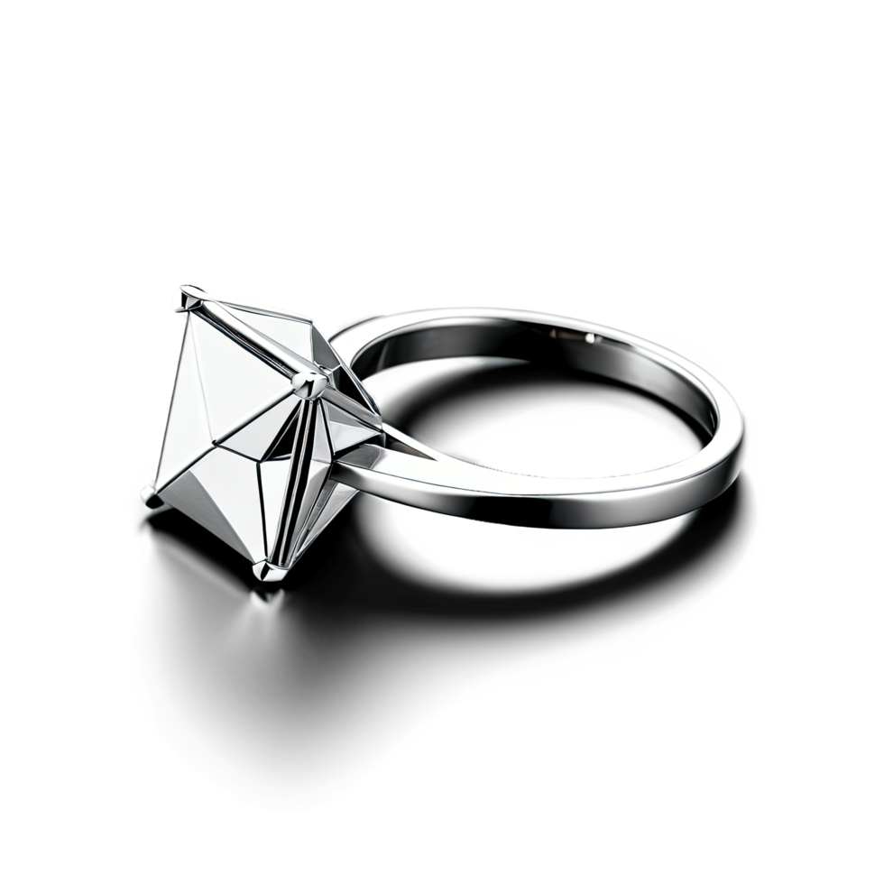 Elegant Silver Ring with Large Faceted Diamond and Modern Band png