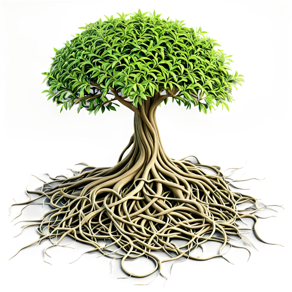 Healthy Green Tree with Light Color Trunk and Circular Root Pattern png