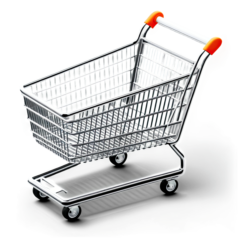 Metallic Shopping Cart with Red Handle Isolated on White Background png