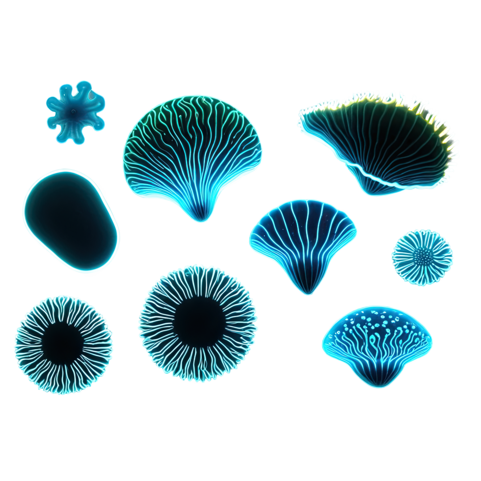 Glowing Abstract Blue Mushrooms and Fungi on Dark Background png