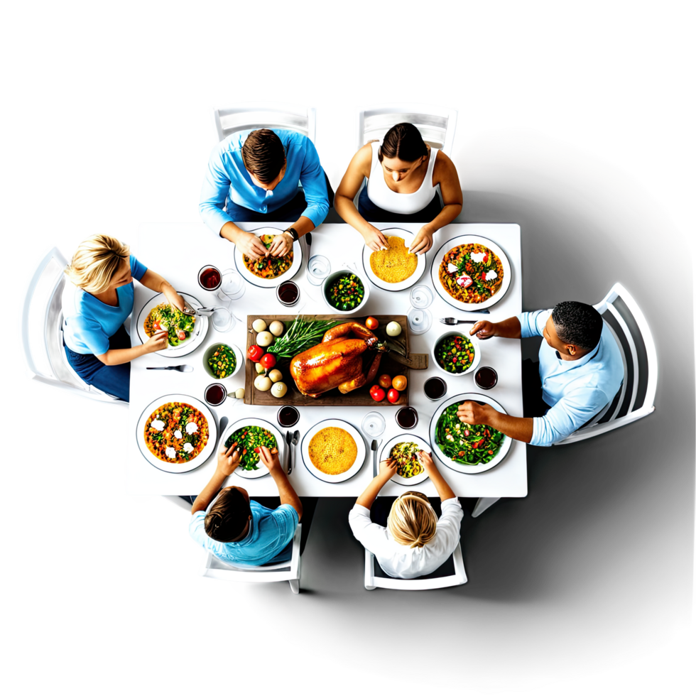 Group of People Dining Together Around Round Table Top View png