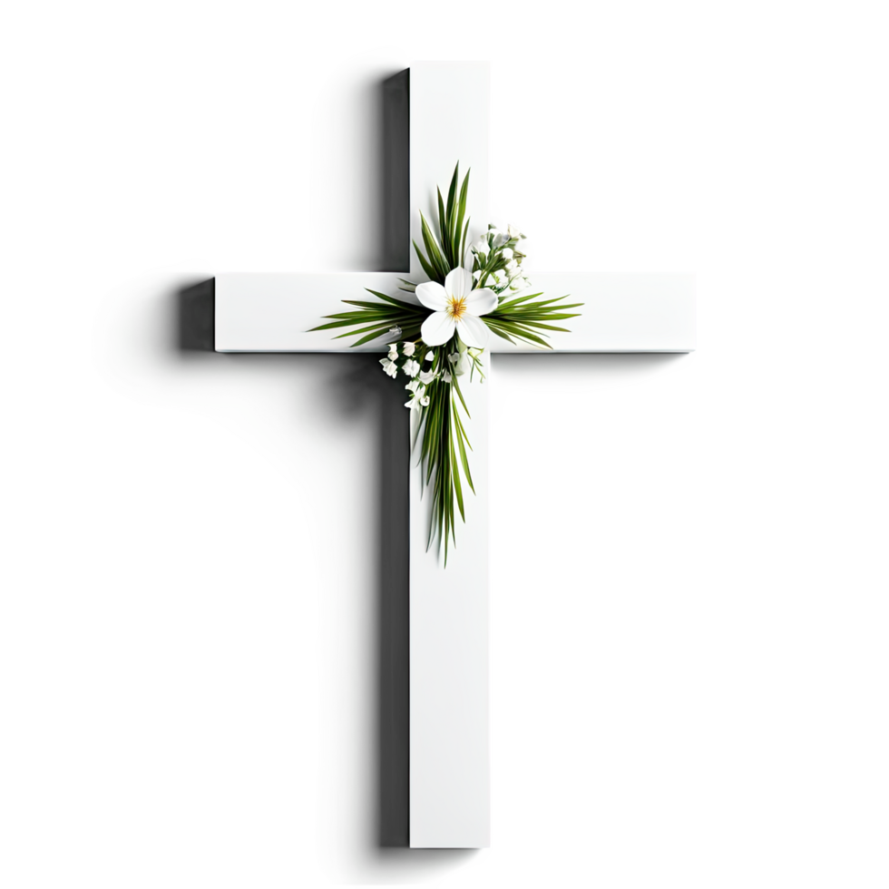 White Cross Decorated with Flowers in Memorial or Religious Context png