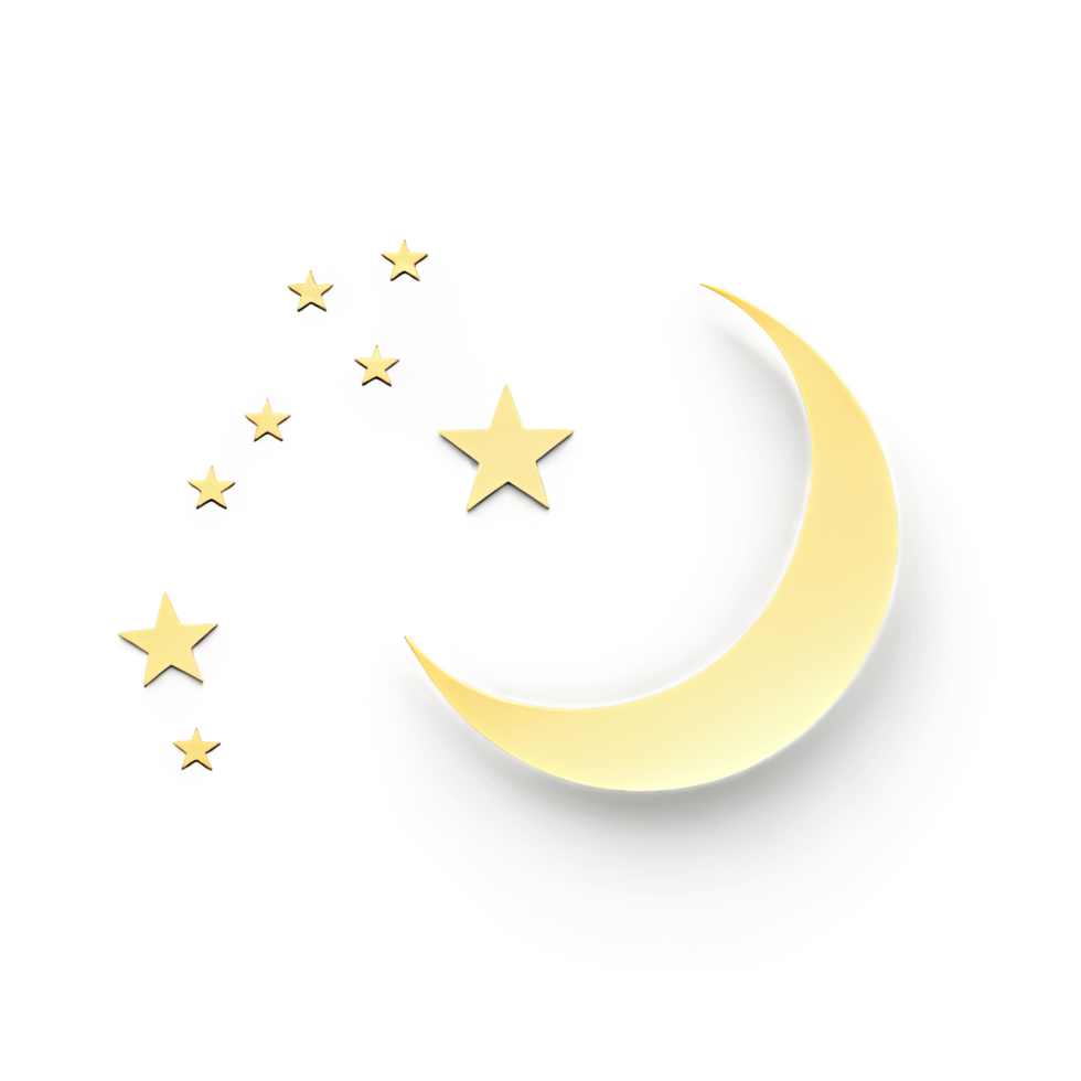 Yellow Crescent Moon with Five Stars in Night Sky Design png