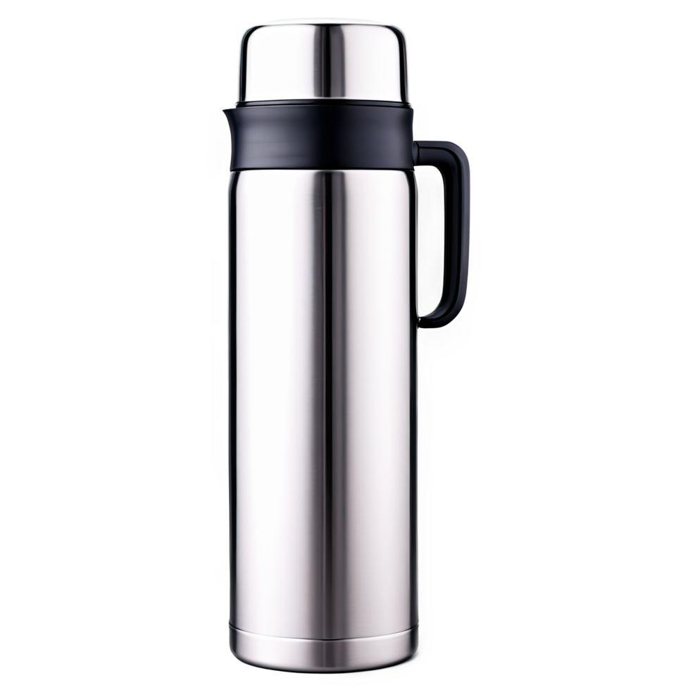 Stainless Steel Thermos Flask with Black Handle on Transparent Background png