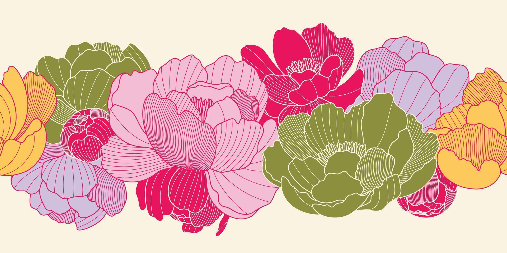 seamless border with oriental color peony flowers and leaves of line style. Chinese color pattern of line flowers. Asian design illustration for wallpaper, card, poster, advertising vector
