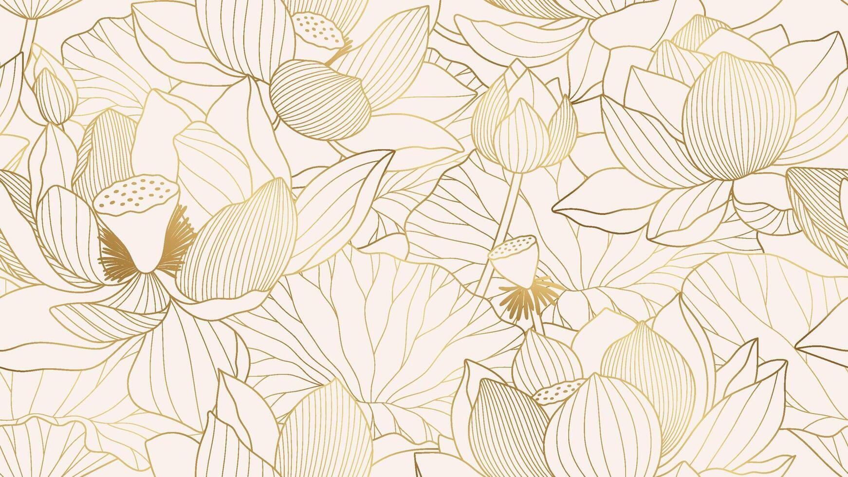 Chinese seamless pattern with lotuses. Gold line drawing of lotus flowers and leaves on a light background. Minimalist oriental design, perfect for luxury prints, patterns, or backgrounds vector