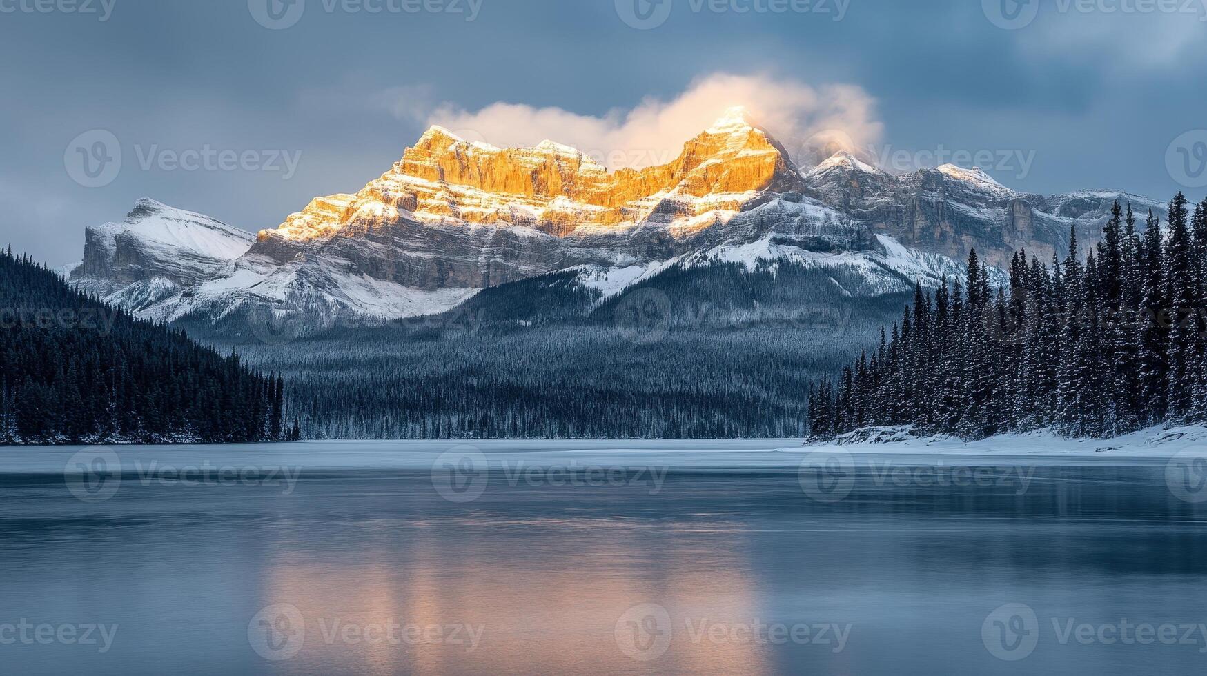 Golden Peak, Winter Serenity Reflecting Light on a Mountain Lake, a majestic landscape photo