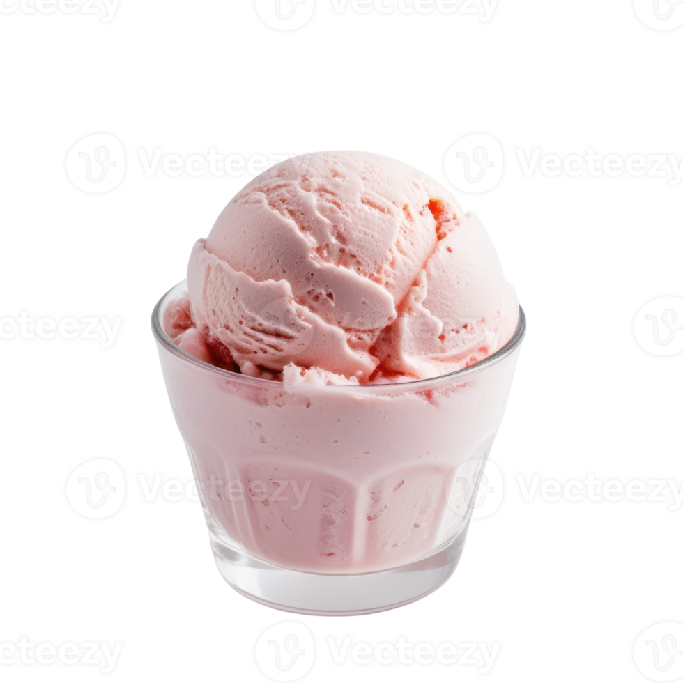 Delicious pink ice cream scoop served in clear glass cup, showcasing creamy and refreshing treat png