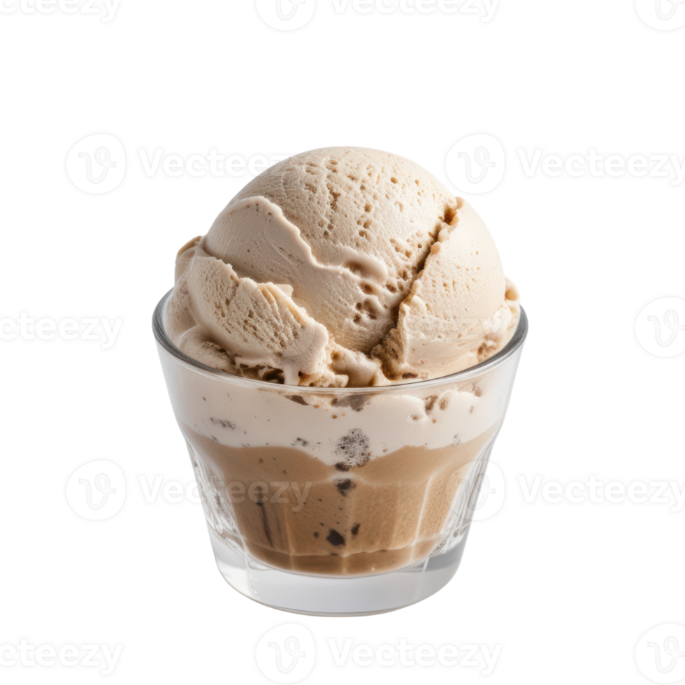 creamy scoop of ice cream sits in clear glass cup, showcasing its smooth texture and rich flavor png