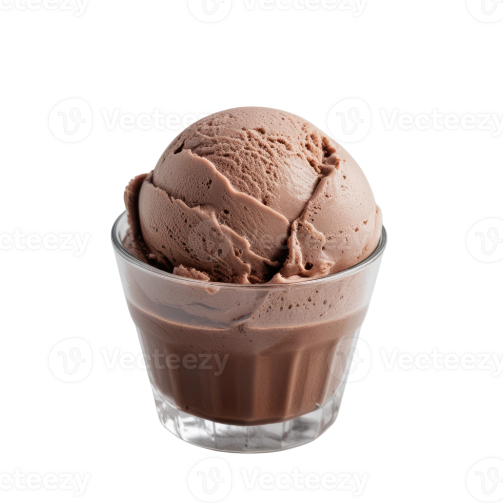 Chocolate ice cream scoop served in clear glass cup, showcasing its creamy texture and rich flavor png