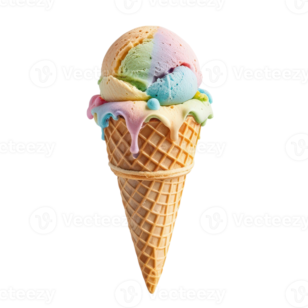 Colorful rainbow ice cream cone with multiple flavors, featuring pastel shades of pink, green, and blue. melting ice cream drips down waffle cone, creating delightful and tempting treat. png
