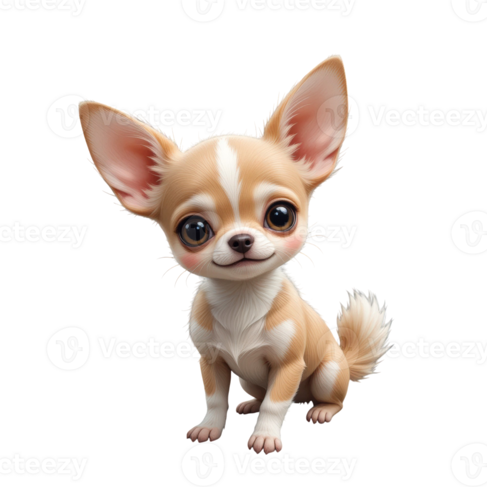 Adorable tan and white chihuahua puppy with large ears and expressive eyes sitting on transparency background, showcasing its playful and curious personality. png