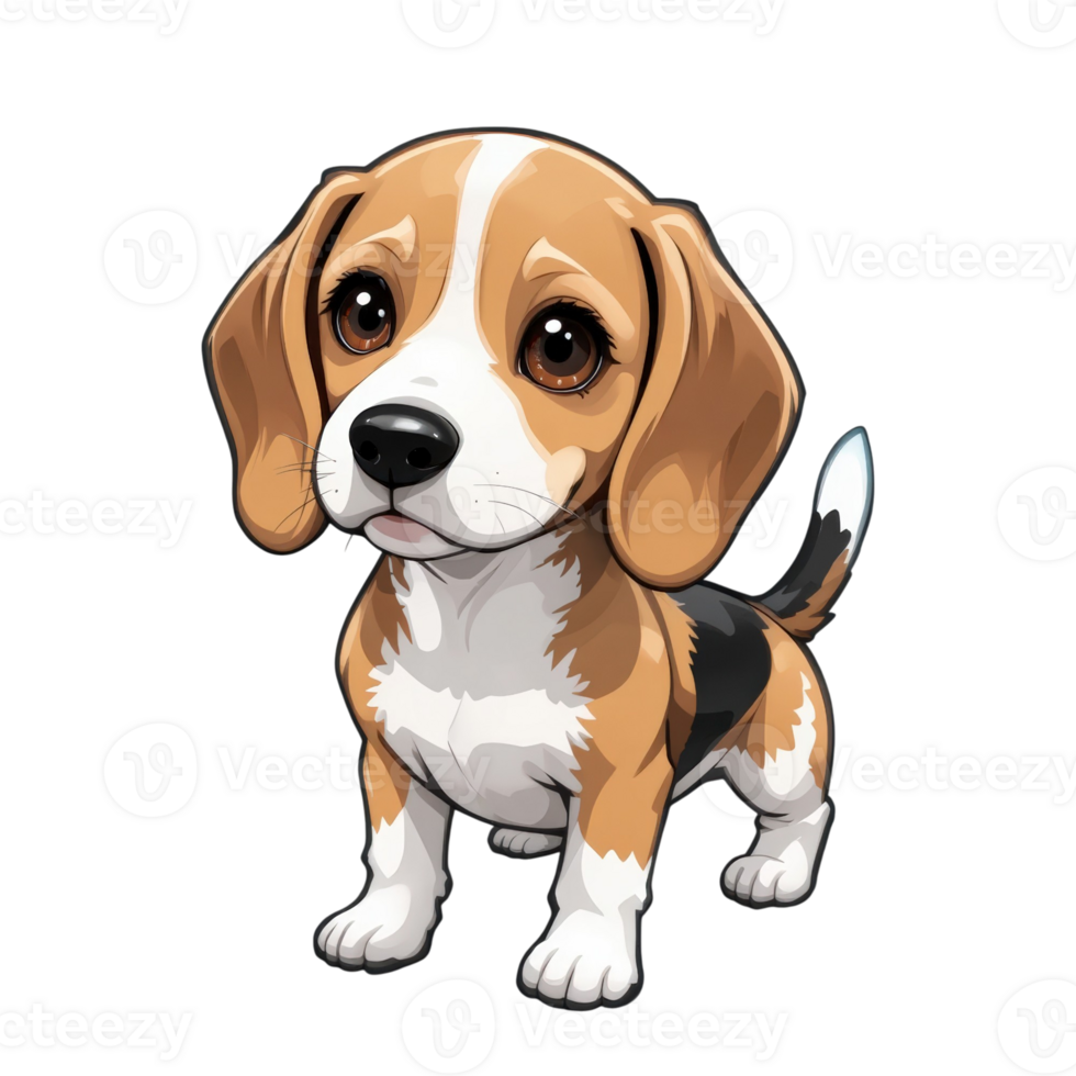 cute cartoon style beagle puppy with big, expressive eyes and floppy ears, standing on all fours with curious and playful expression. illustration features vibrant colors and charming design. png