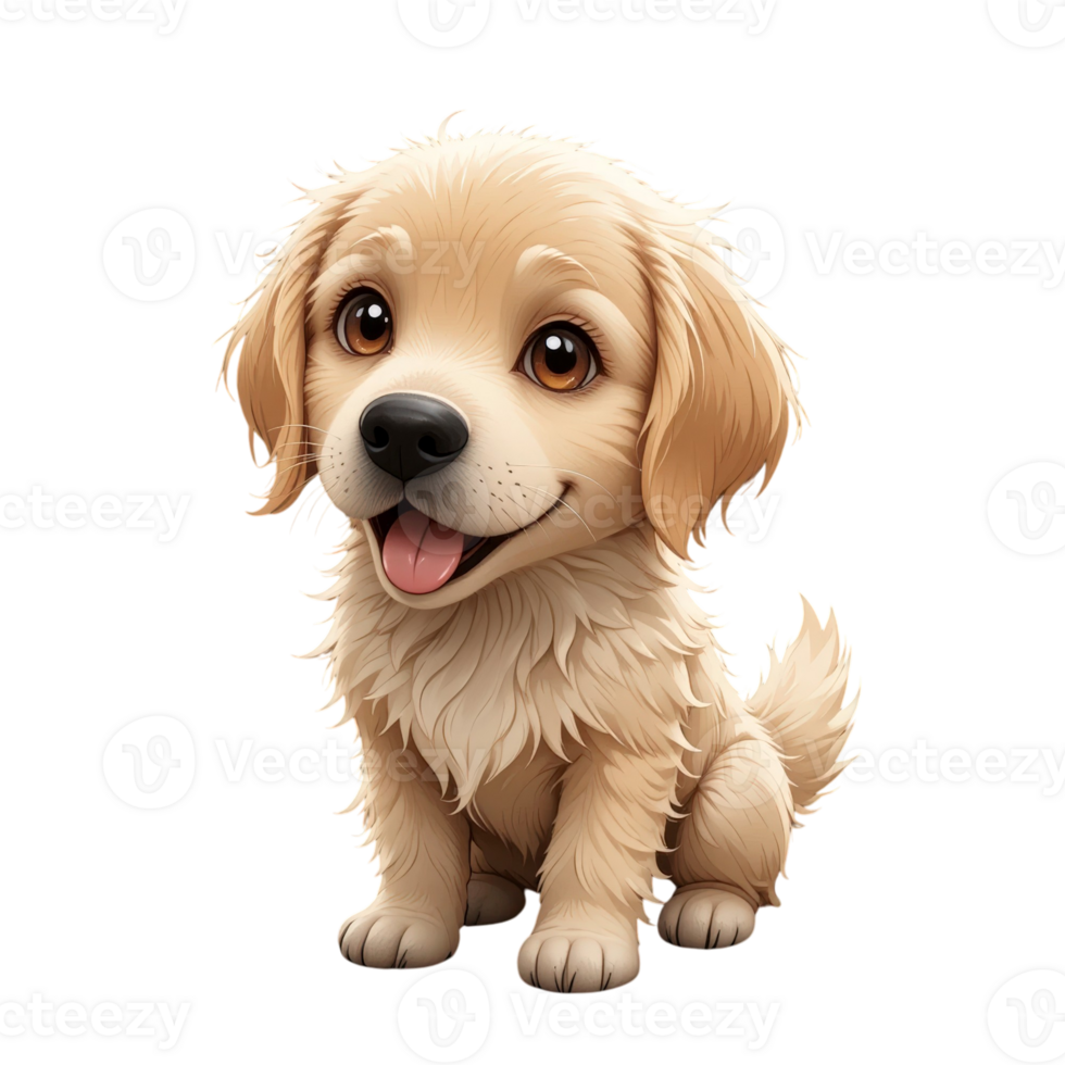 Adorable golden retriever puppy sitting with cheerful expression, showcasing its fluffy fur and bright eyes, evoking warmth and joy. png