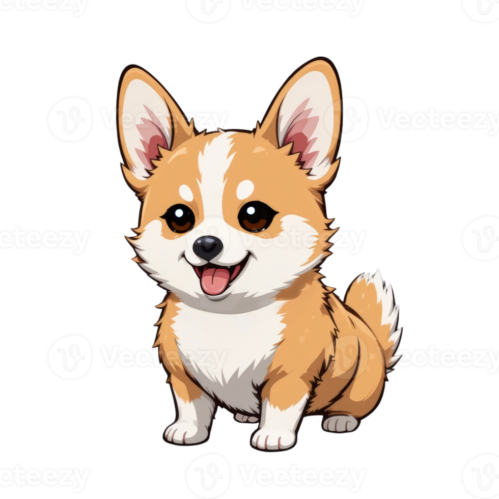 cute and cheerful cartoon corgi with fluffy tail and big, expressive eyes, sitting happily. illustration features vibrant colors and playful, friendly vibe. png