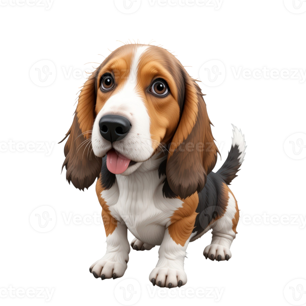 Adorable basset hound puppy with floppy ears and tricolor coat sitting and looking up with playful expression, isolated on transparency background. png