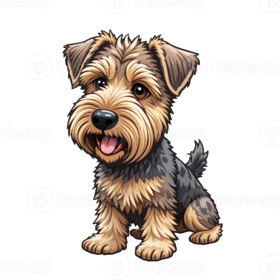 Adorable cartoon illustration of Airedale Terrier with cheerful expression, showcasing its fluffy fur and playful demeanor, perfect for pet themed designs or children content. png