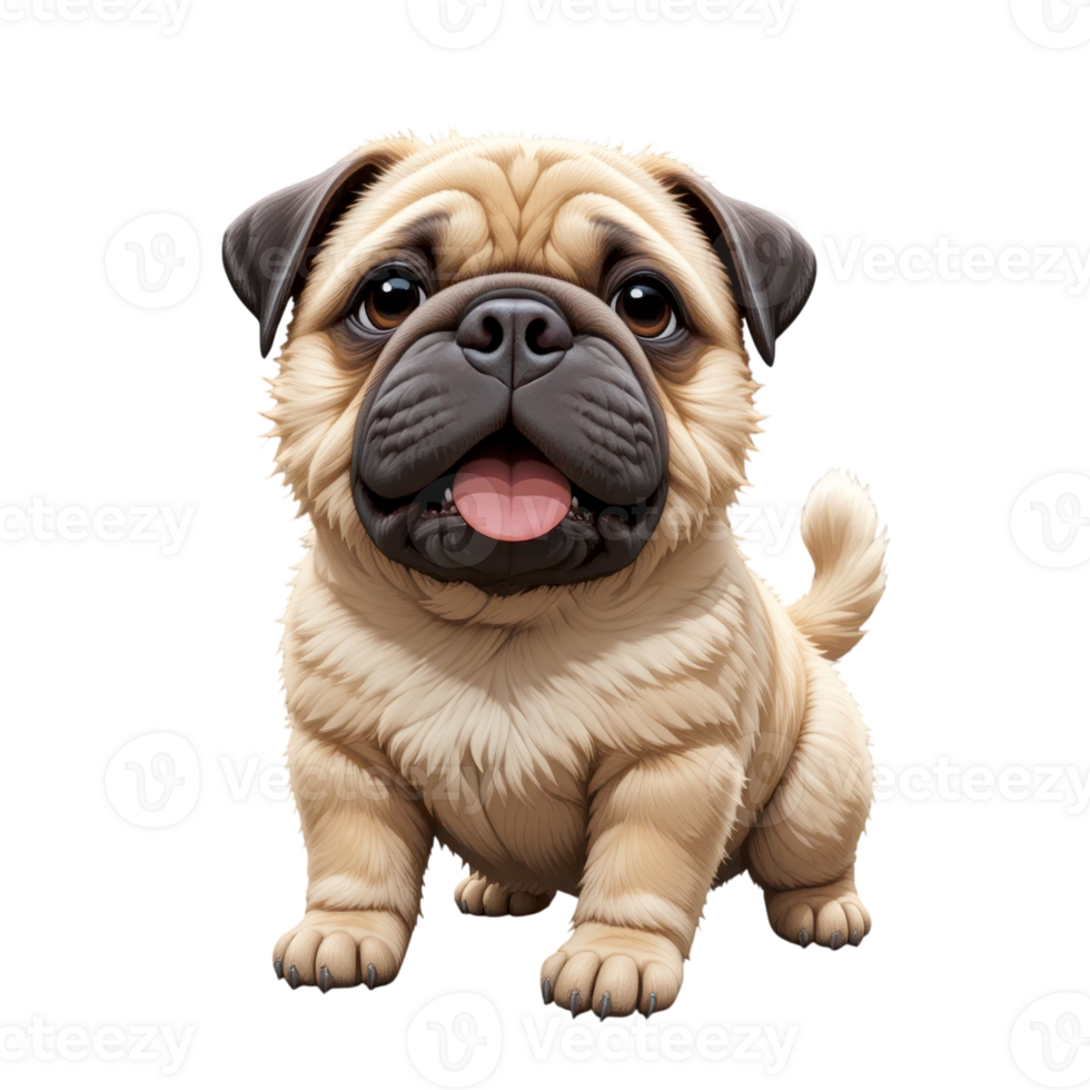 Adorable cartoon pug puppy with cheerful expression, big round eyes, and wagging tail, showcasing its playful and friendly nature. Perfect for pet themed designs. png