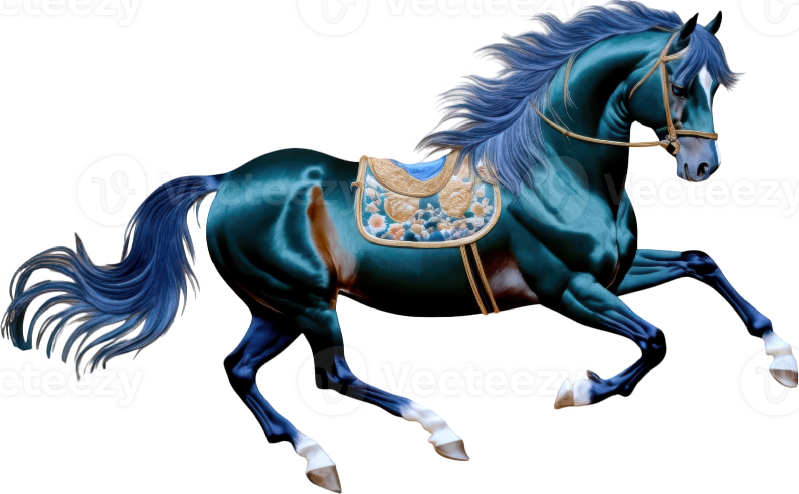 majestic horse with stunning blue coat and flowing mane gallops gracefully across transparent background, showcasing its beauty and elegance. png