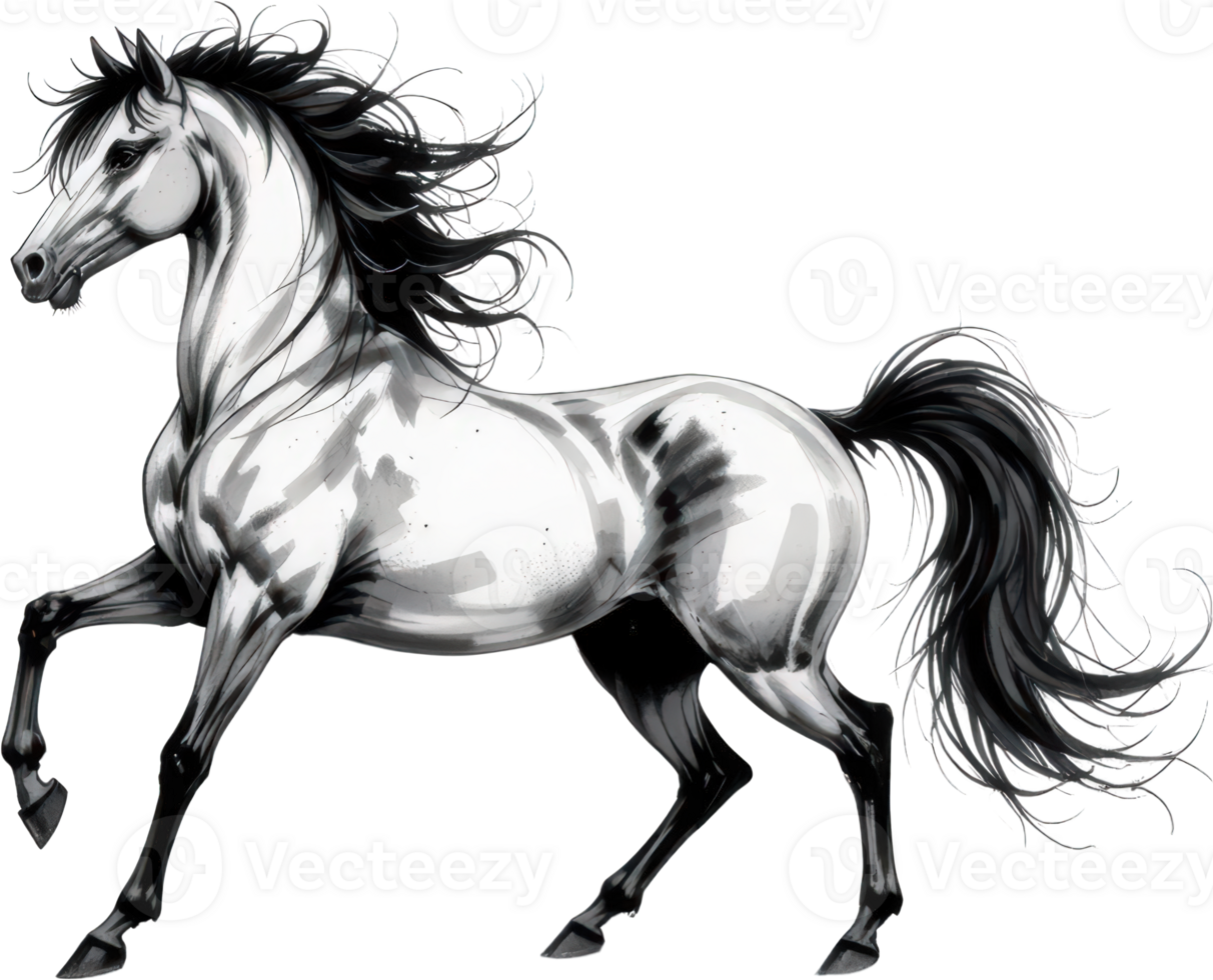 majestic horse with flowing mane stands proudly against transparent background, showcasing its beauty and grace. This stunning creature embodies strength and elegance in every stride. png