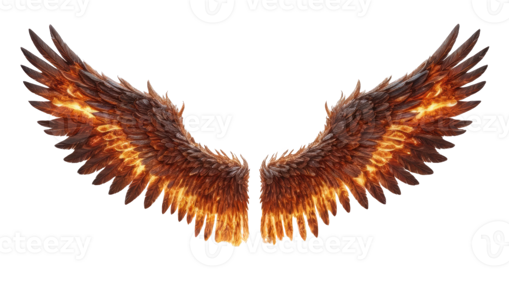 Majestic wings with fiery glow create stunning visual against transparent background, evoking sense of power and beauty. These wings symbolize freedom and strength. png