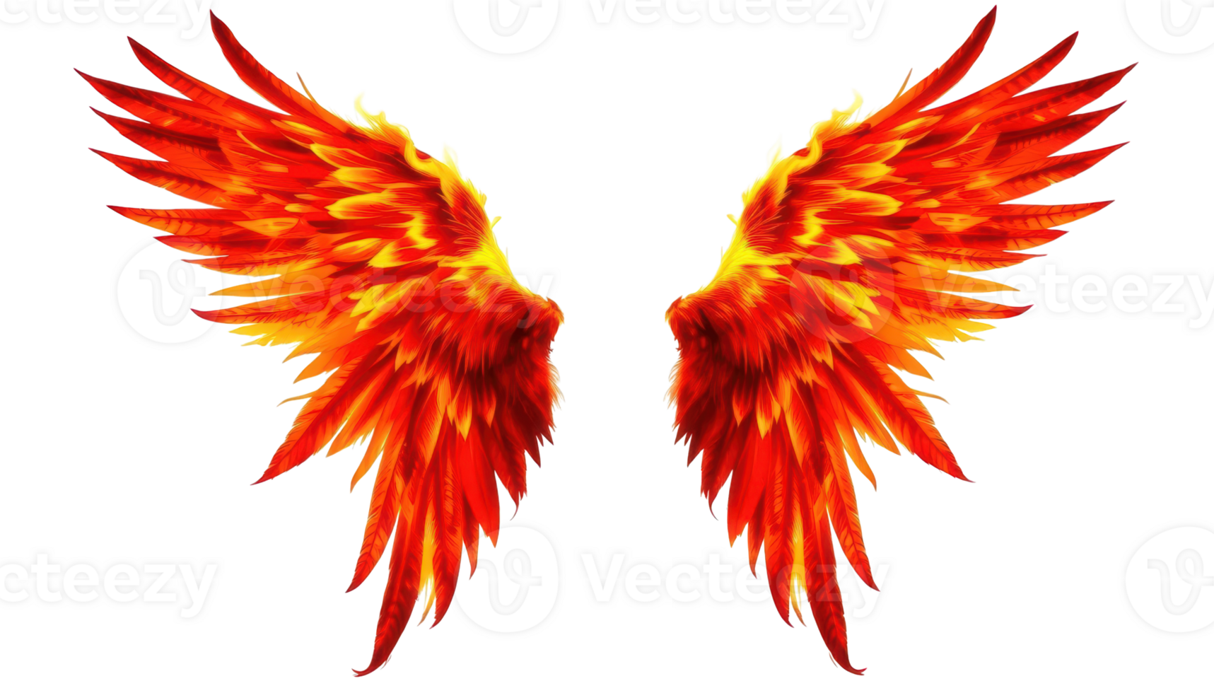 Fiery wings with vibrant red and orange feathers create stunning visual against transparent background, evoking sense of freedom and power. png
