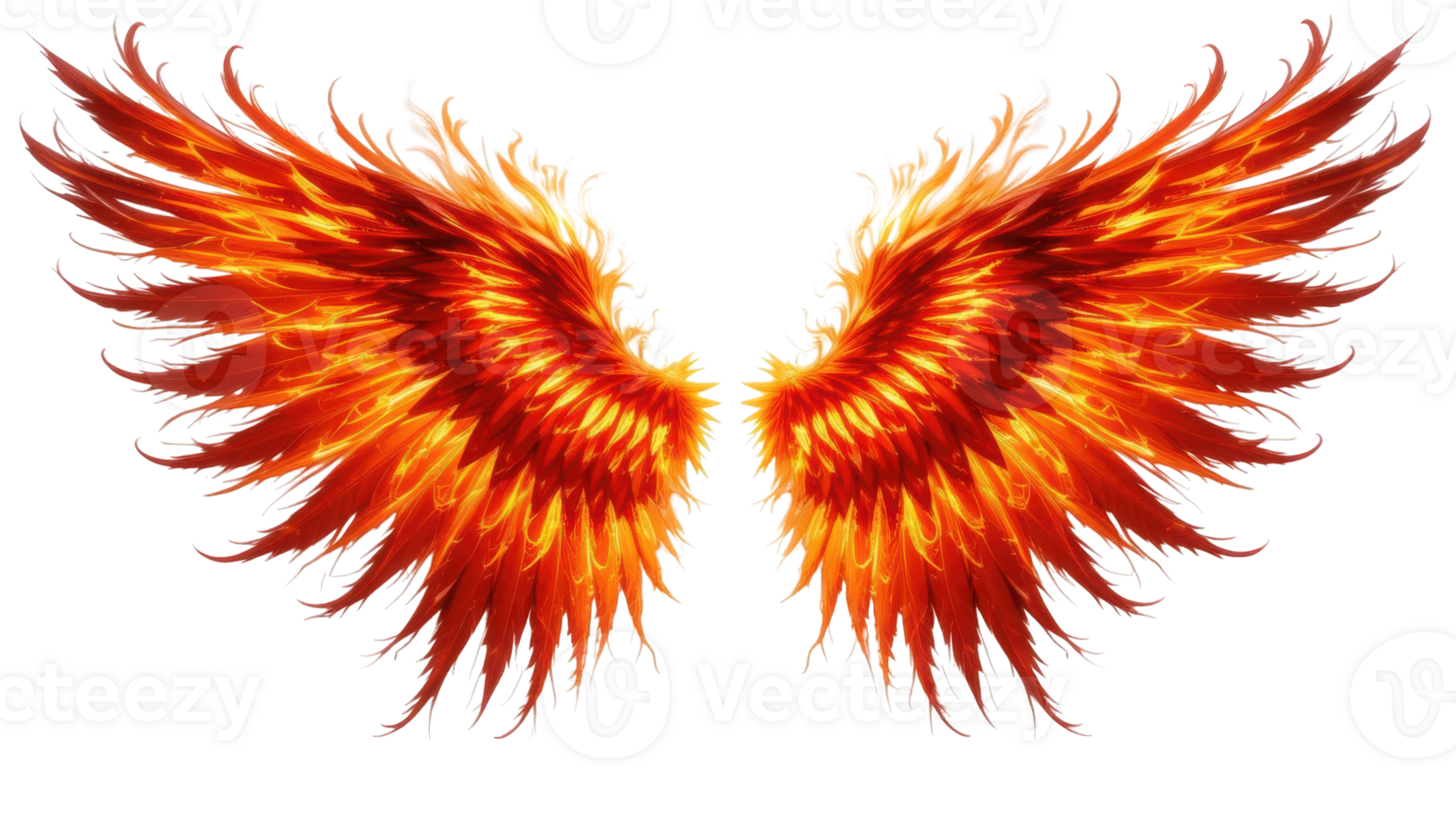 Fiery wings with vibrant colors create stunning visual effect against transparent background, evoking sense of freedom and power. intricate design captivates viewer imagination. png
