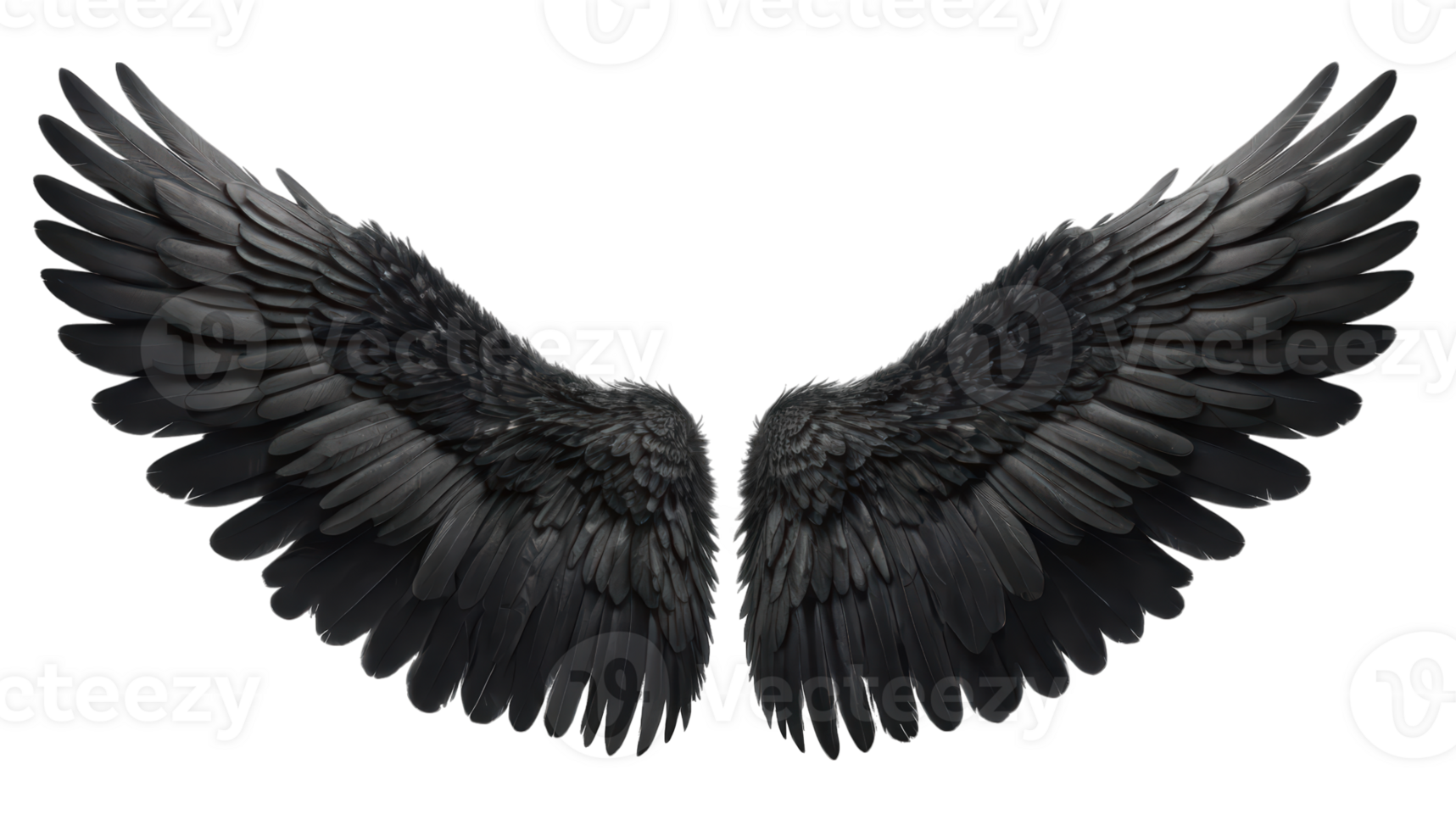 Majestic black wings spread wide with transparent background create stunning visual. intricate details of each feather evoke sense of freedom and elegance. png