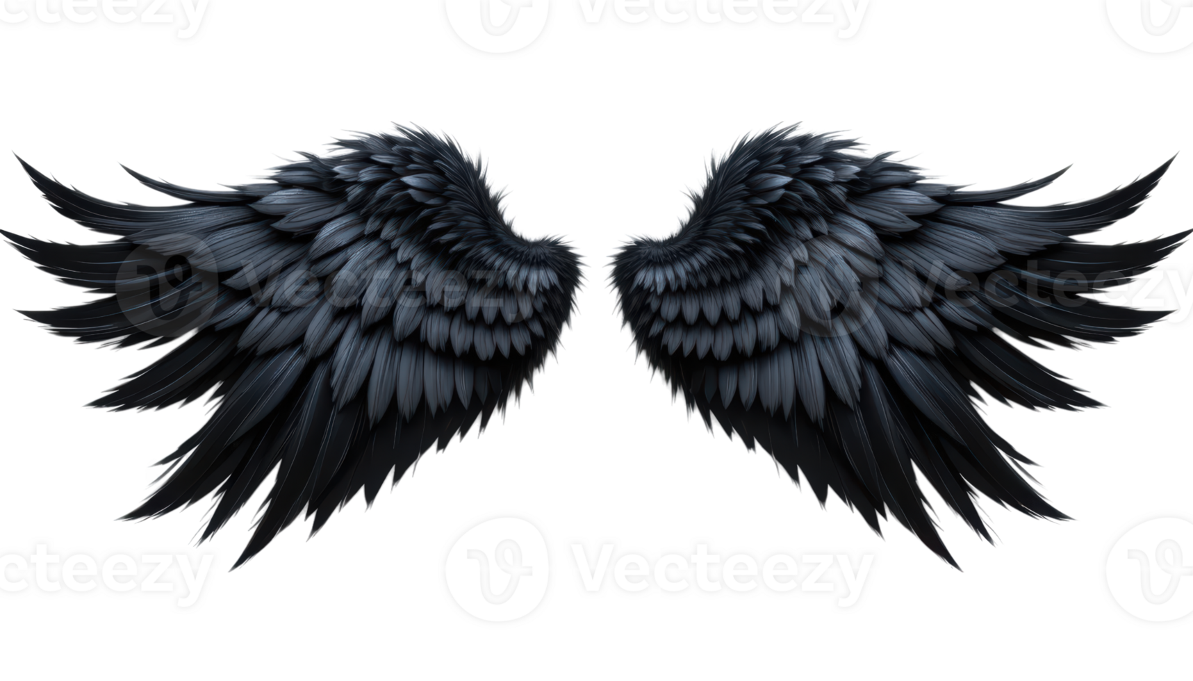 Dark feathered wings with intricate details, displayed symmetrically on transparent background, evoking sense of mystery and elegance. png
